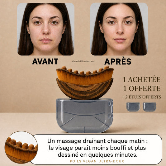 Brosse contour lymphatique sur son étui, avant / après (visuel d'illustration), offre 1 achetée = 1 offerte + 2 étuis offerts
