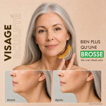 Femme utilisant la brosse le long de la mâchoire, avant / après (visuel d'illustration)