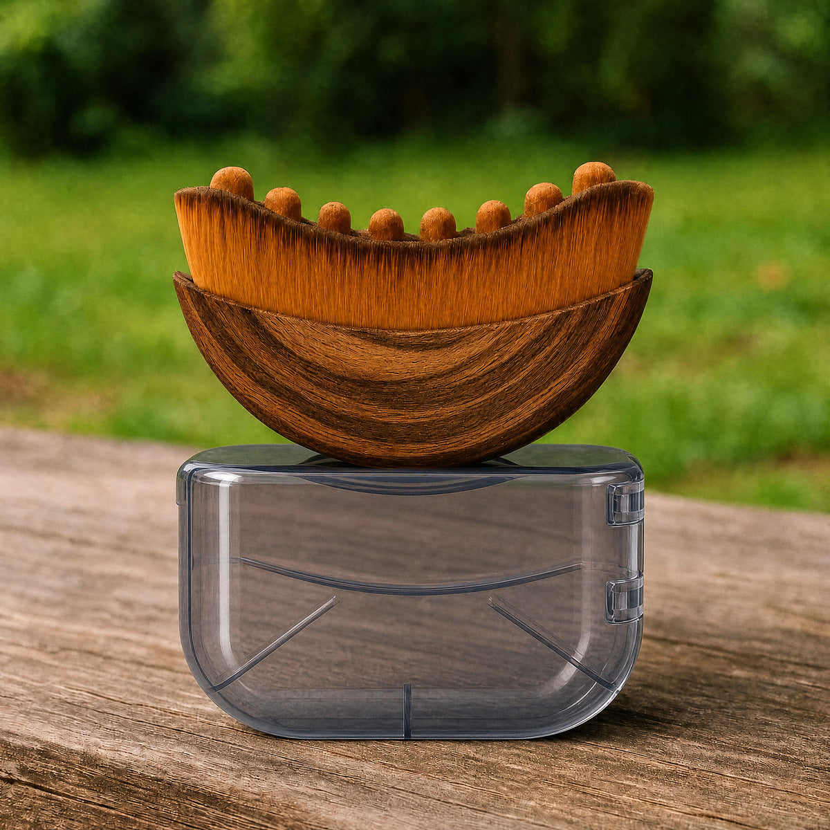 Brosse contour lymphatique posée sur son étui de rangement