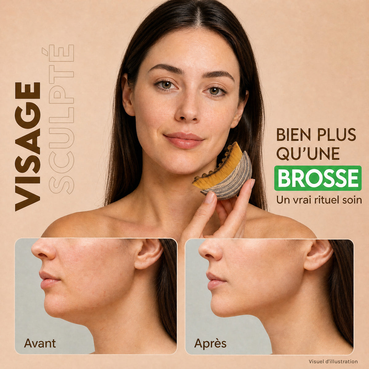 Femme utilisant la brosse le long de la mâchoire, avant / après (visuel d'illustration)