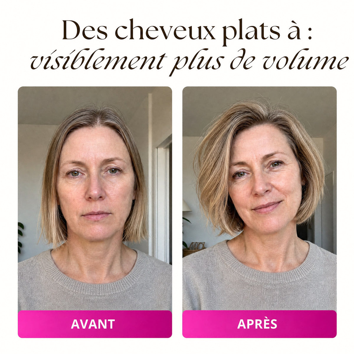 Avant / après : des cheveux plats à visiblement plus de volume (visuel d’illustration)